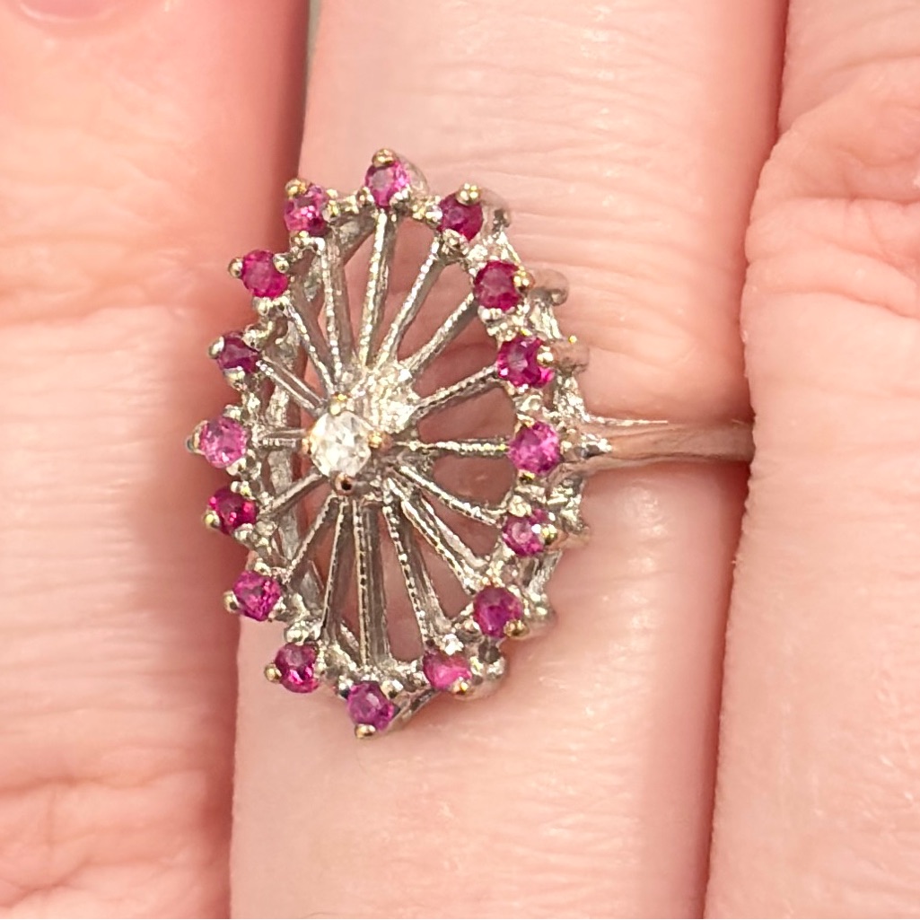 Vintage 14k Psco Natural Ruby Diamond Ring Art Nouveau Size 7 Filigree Starburst